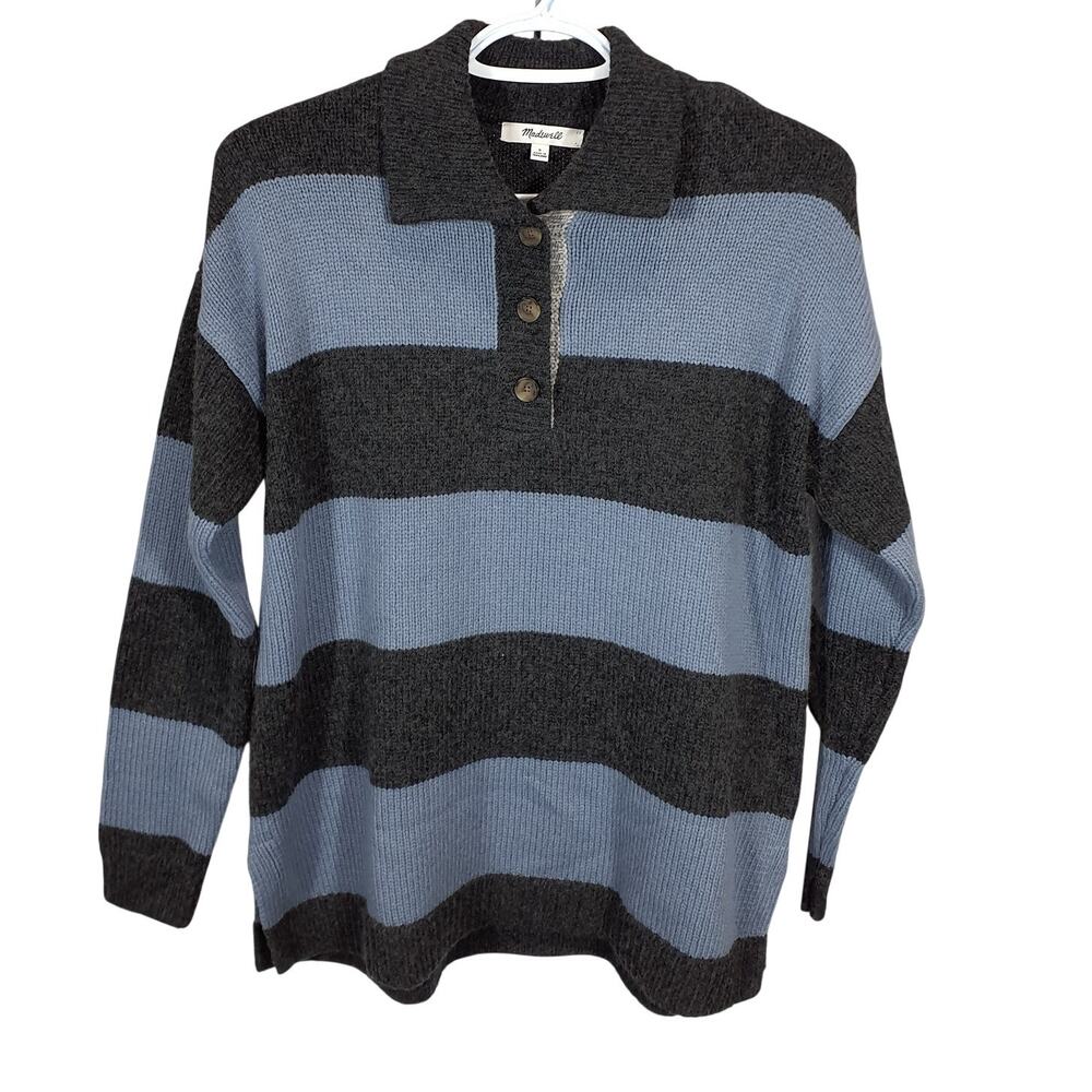 Madewell Striped Blue Gray Rugby Polo Sweater Size S - Picture 2 of 5